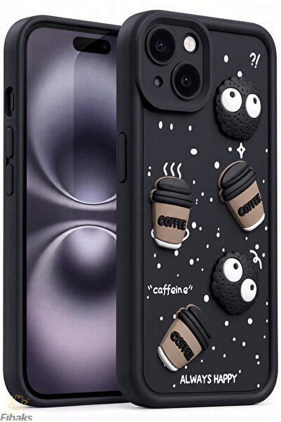 Fibaks iPhone 15 Kılıf Tasarımlı Desenli Kamera Korumalı Coffee Kurabiye Siya...