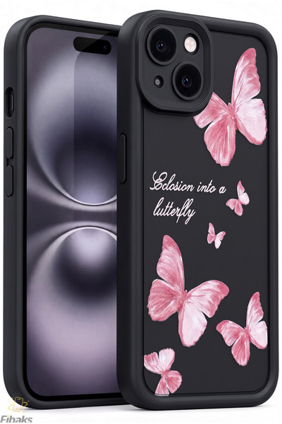 Fibaks iPhone 13/14 Kılıf Yumuşak Dokulu Kelebek Desenli Yumuşak Kamera Korum...