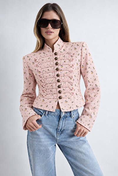 Trendyol Collection Pink Floral Patterned Napoleon Closure Jacket Twoaw27Ce00105