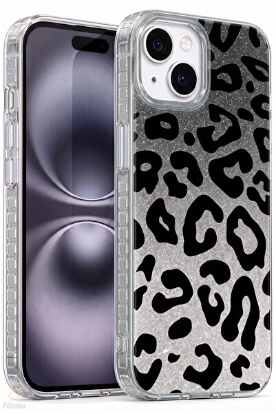 Fibaks Simli Leopar iPhone 13/14/15 Kılıf Glitter Leopard Şeffaf Telefon Kılı...