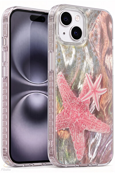 Fibaks iPhone 13/14/15 Kılıf Hologramlı Pembe Deniz Yıldızı Desenli Darbe Emi...