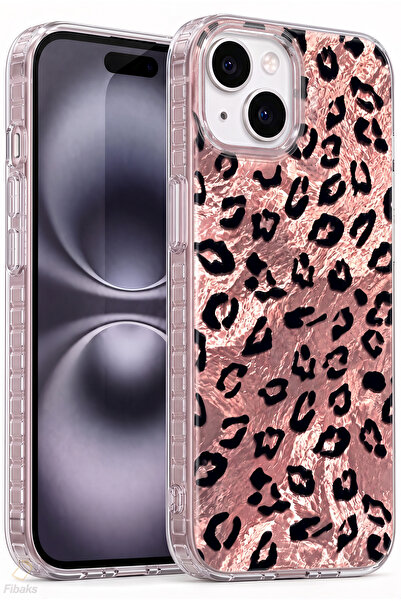 Fibaks iPhone 13/14/15 Kılıf Hologramlı Pembe Leopar Desenli Darbe Emici Kame...
