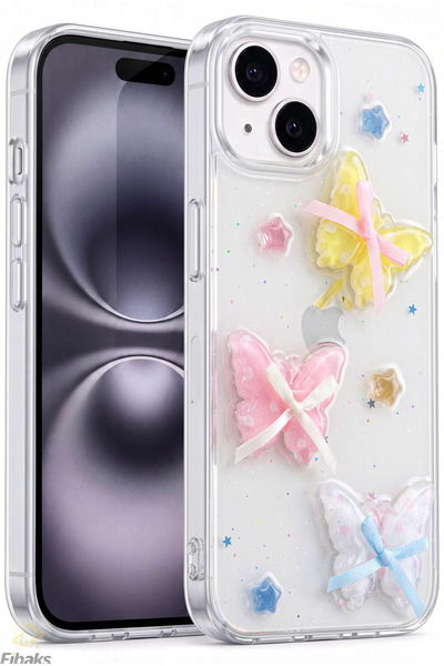 Fibaks iPhone 13/14/15 Kılıf Şeffaf Simli Renkli 3D Kelebek Desenli Fiyonk Ku...