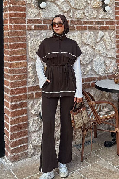 LOCCO Kadın Şerit Detay Çift Cep Görünümlü Bel Bağlamalı Takım Kahverengi