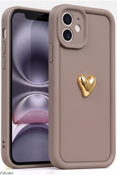 Fibaks iPhone 11 Kılıf 3d Kalp Tasarımlı Kahverengi Desenli Yumuşak Kamera Ko...