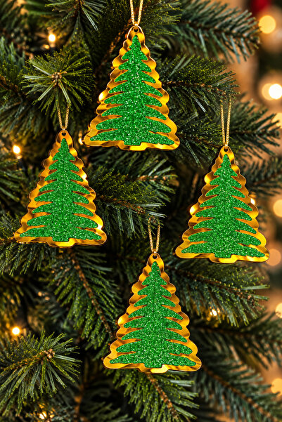 Huzur Party Store Green Eva Shiny Christmas Tree Shaped 9X6.5 cm 4 Pieces Gli...