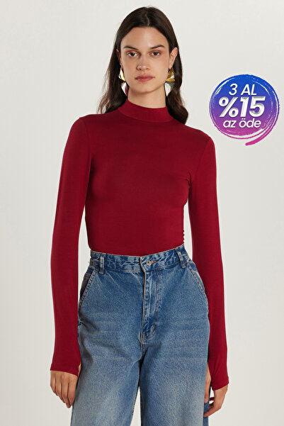 Tudors Kadın Regular Fit Klasik Kesim Viskon Kumaş Balıkçı Yaka Bordo Bluz