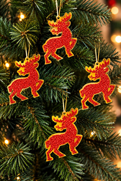 Huzur Party Store Red Eva Shiny Deer 10X9 cm 4 Pieces Christmas Pine Tree New...