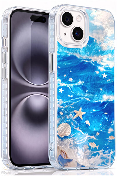 Fibaks iPhone 13/14/15 Kılıf Deniz Dalgası Desenli Şeffaf Silikon Telefon Kıl...