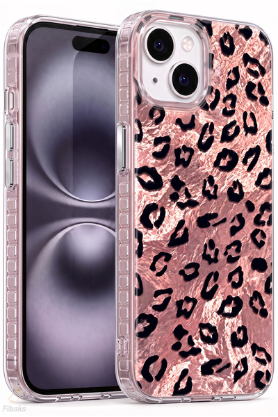 Fibaks iPhone 13/14/15 Kılıf Hologramlı Pembe Leopar Desenli Darbe Emici Kame...