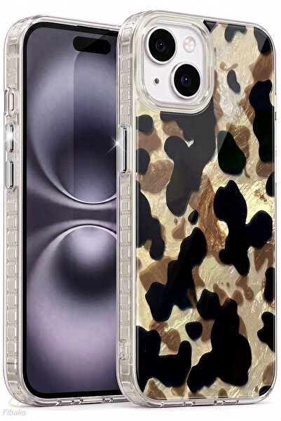Fibaks iPhone 13/14/15 Kılıf Hologramlı Kamuflaj Leopar Desenli Darbe Emici K...