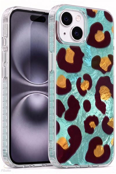 Fibaks iPhone 13/14/15 Kılıf Hologramlı Mavi Leopar Desenli Darbe Emici Kamer...