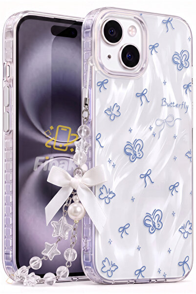 Fibaks iPhone 13/14/15 Kılıf Hologramlı Kelebek & Fiyonk Desenli Charm Aksesu...