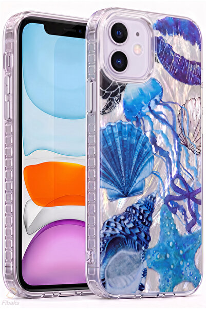 Fibaks iPhone 11 Kılıf Hologramlı Mavi Deniz Kabuğu Desenli Darbe Emici Kamer...