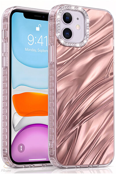 Fibaks iPhone 12 / 12 Pro Kılıf Taşlı Parlak Dalga Desenli Kamera Çerçeveli D...