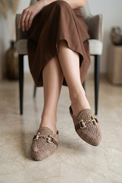 Modafırsat Women's Straw Slippers Tan Closed Front Knitted Lace Knitwear Knit...