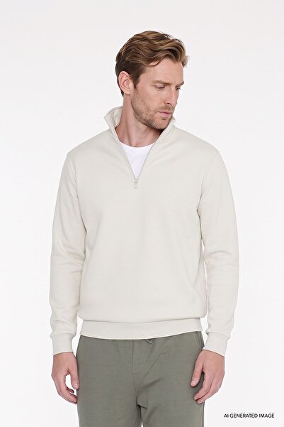 AC&Co / Altınyıldız Classics Erkek Bej İçi Polarlı Standart Fit Normal Kesim Fermuarlı Dik Bato Yaka Pamuklu Sweatshirt