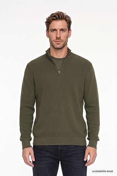 AC&Co / Altınyıldız Classics Men's Khaki Cotton Zippered Bato Collar Jacquard...