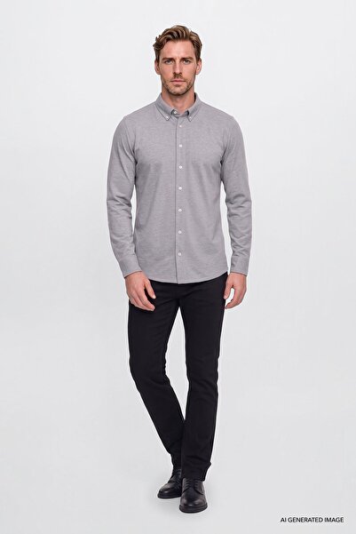 AC&Co / Altınyıldız Classics Erkek Gri Nefes Alabilir Esnek Pamuklu Tailored Slim Fit Dar Kesim Düğmeli Yaka Örme Gömlek