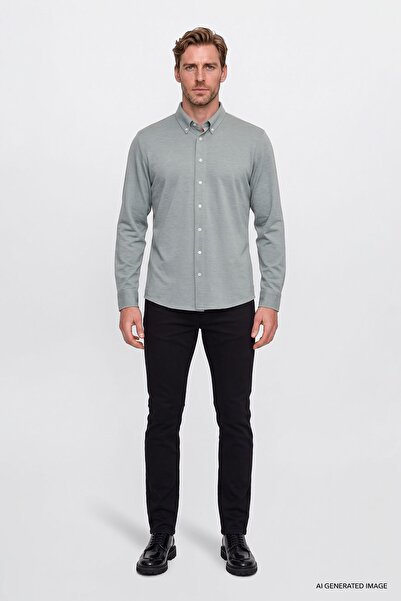 AC&Co / Altınyıldız Classics Erkek Haki Pamuklu Tailored Slim Fit Dar Kesim Düğmeli Yaka Örme Gömlek