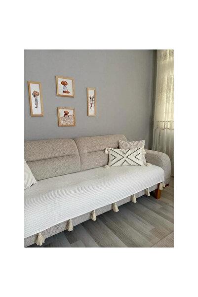 Genel Markalar Püsküllü Şal Model Beyaz Koltuk Örtüsü 100x230 | %100 Pamuk Ör...