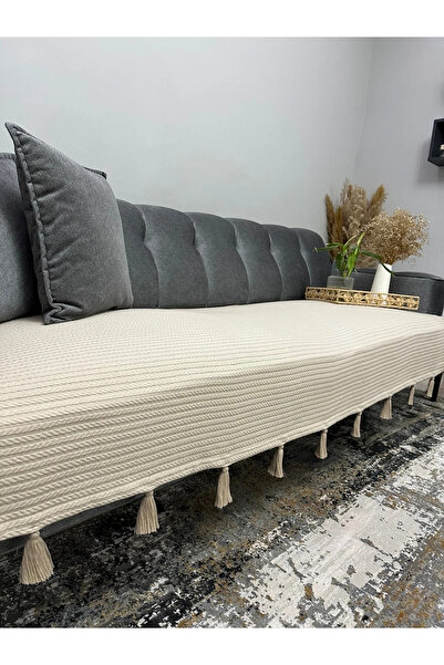 Doğa Püsküllü Şal Model Koltuk Örtüsü Bej 230x100 | %100 Pamuk Örme, Kaymaz, ...