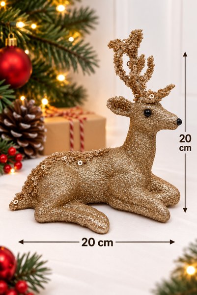 Huzur Party Store Gold Renkli Oturan Zarif Geyik Simli 20x20 Cm Sırtı Boynuzu...