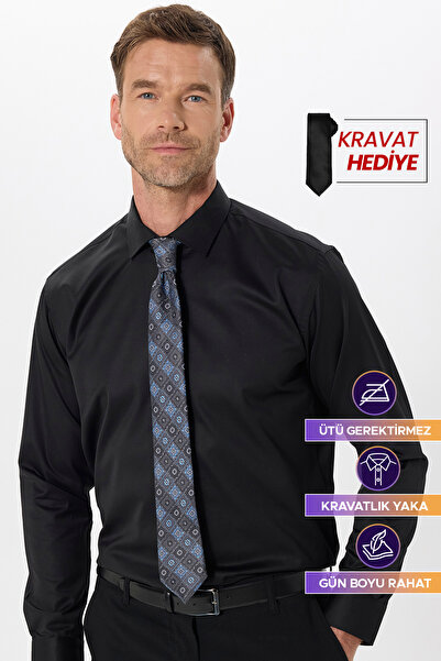Tudors Erkek Regular Fit Rahat Kesim Siyah Non-Iron Pamuklu Gömlek