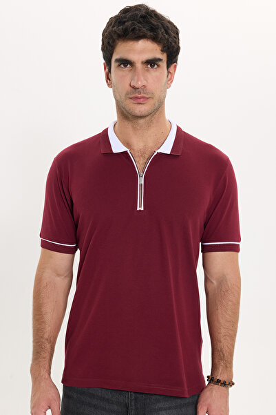 Tudors Erkek Slim Fit Dar Kesim %100 Pamuk Düz Pike Fermuarlı Bordo Polo Yaka...