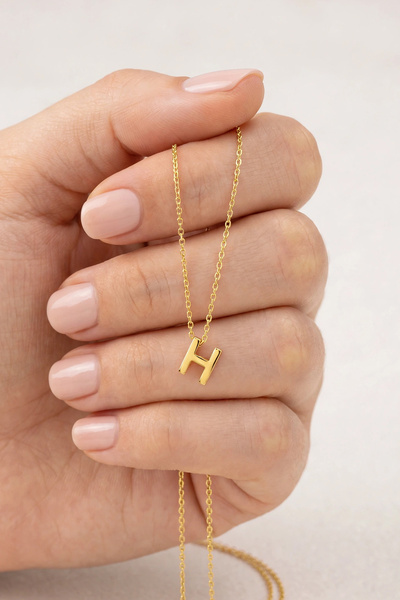 Söğütlü Silver Gümüş Altın Yaldızlı Üç Boyutlu Minimal H Harf Kolye Sgtl11180h