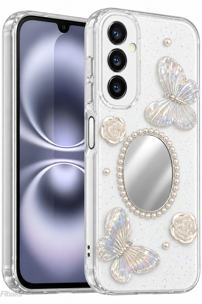 Fibaks Galaxy A16 Kılıf 3D Kelebek Gül Desenli Aynalı Simli Şeffaf Tasarımlı ...