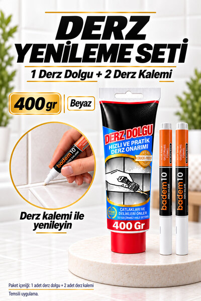 Badem10 Beyaz Fayans ve Seramik Derz Yenileme Seti 400 gr Derz Dolgu + 2 Adet Derz Kalemi Banyo Mutfak Tamir