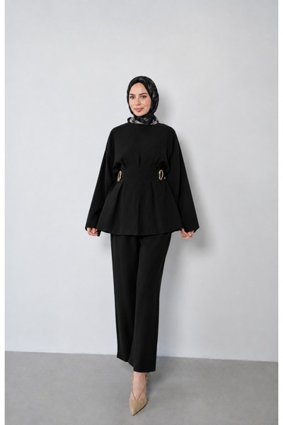 QUWİQ Women's Belted and Back-Tie Hijab Set - Black
