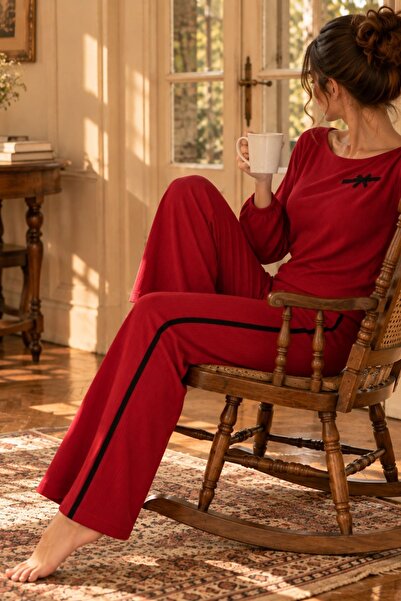 BELLA NOTTE Damen-Pyjama-Set aus roter Baumwolle mit schwarzen Streifen und l...
