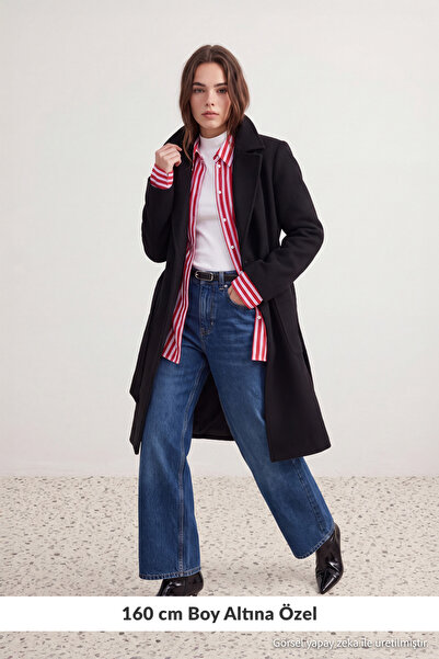TRENDYOLMİLLA Petite Siyah Oversize Kalıp Kaşe Kaban TWOAW27KB00057