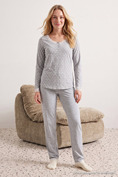Trendyol Collection Grey Polka Dot Lace T-Shirt-Trousers Knitted Pajama Set T...