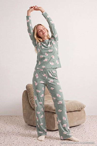 TRENDYOLMİLLA Mint %100 Pamuklu Uyku Temalı Kuzu Desenli Örme Pijama Takımı T...