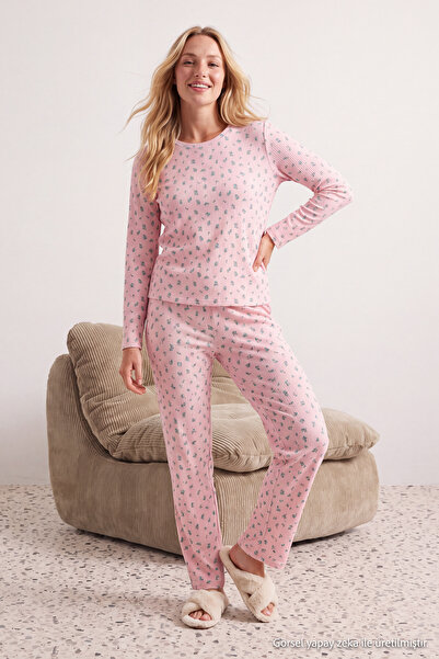 Trendyol Collection Pink Cotton Blend Floral Ribbed Knitted Pajamas Set Thmaw...