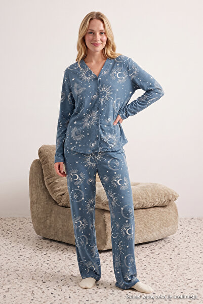 Trendyol Collection Women's Blue Galaxy Patterned Viscose Woven Pajamas Set T...