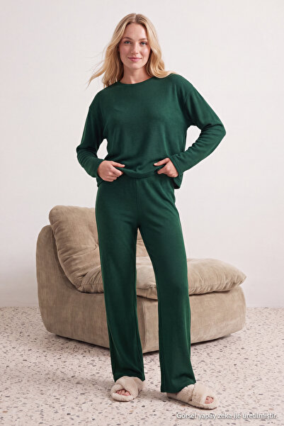 TRENDYOLMİLLA Zümrüt Yeşili Fitilli Örme Pijama Takımı THMAW21PT0684