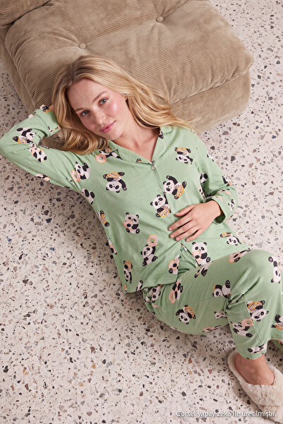 Trendyol Collection Green-Multicolor Panda Pattern Knitted Pajamas Set Thmaw2...