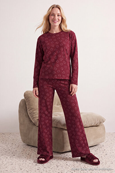 Trendyol Collection Burgundy 100% Cotton Teddy Bear Print Knitted Pajama Set ...