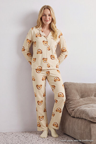 TRENDYOLMİLLA Ekru %100 Pamuklu Ayıcıklı Gömlek-Pantolon Örme Pijama Takımı T...