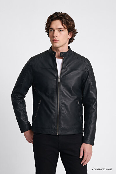 Lee Men's Black Faux Leather Jacket with Regular Fit Regular Cut Zipper