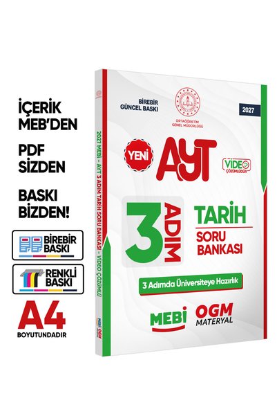 Karakutu Yayınları 2027 AYT MEBİ-OGM 3 ADIM Tarih Soru Bankası RENKLİ A4 Boyu...