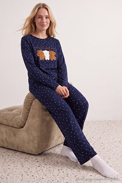Trendyol Collection Navy Blue Polka Dot Teddy Bear Patch Soft Touch Winter Kn...
