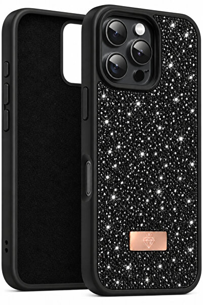 Fibaks iPhone 16 Pro Kılıf Içi Kadife Elmas (Jelatini Sökünüz) Tasarımlı Siya...