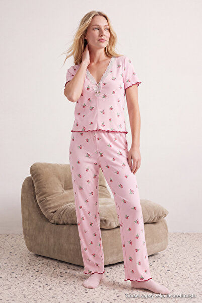 Trendyol Collection Pink Floral Lace Detailed Wrinkled Textured Knitted Pajam...