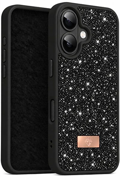 Fibaks iPhone 16 Kılıf Içi Kadife Elmas (Jelatini Sökünüz) Tasarımlı Siyah Ta...
