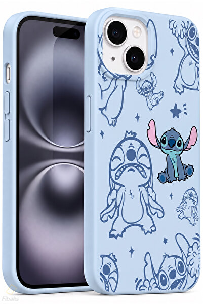 Fibaks iPhone 13/14/15 Kılıf Stitch Desenli Bebe Mavi Kadifemsi Soft Touch Si...